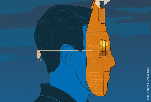 Illustration de PALM pour l'histoire d'un slogan « L'agresseur ne sonne pas, il a la clef » signé Nora Bouazzouni - La Déferlante 11 « Habiter »