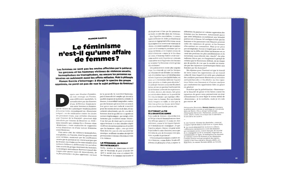 Mock-up Chronique Manon Garcia « le féminisme n'est-il qu'une affaire de femmes ? » - La Déferlante 12