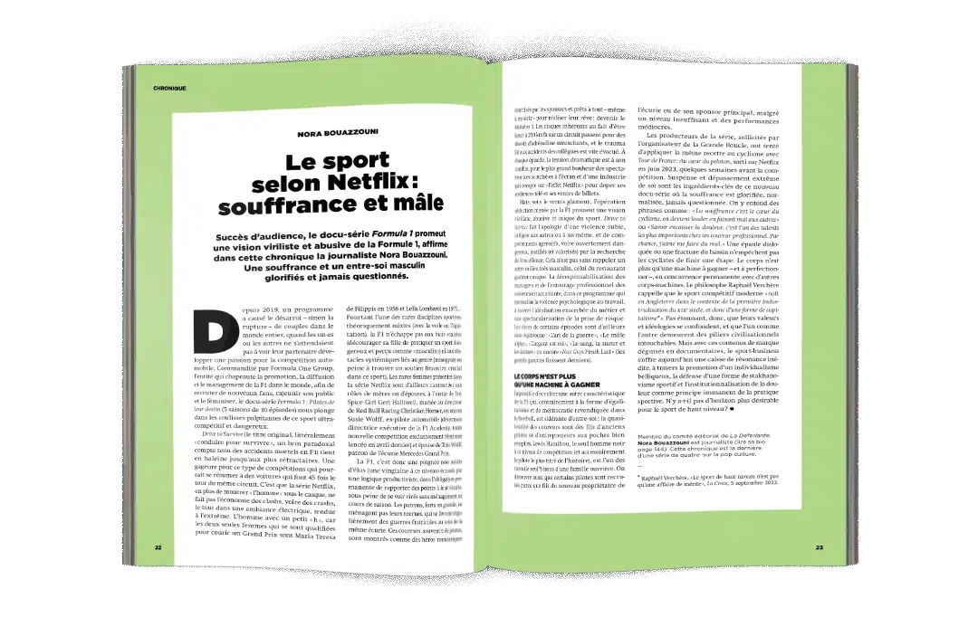 Mock-up chronique Nora Bouazzouni « Le sport selon netflix : souffrance et mâle » - La Déferlante 12