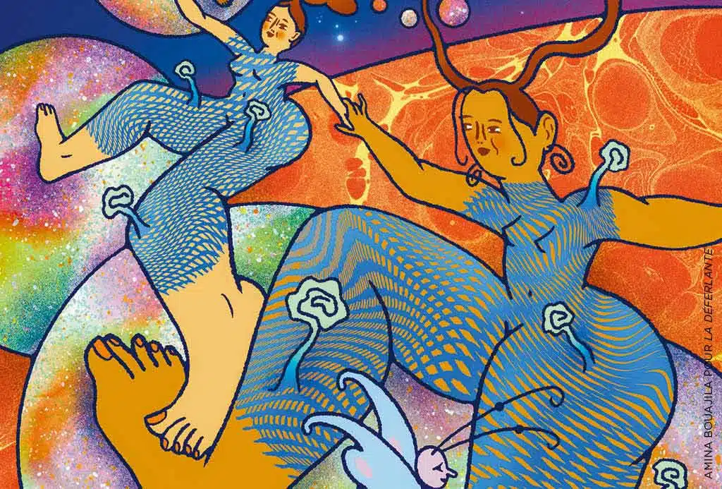illustration de Amina Bouajila pour illustrer l'entretien d'Aurore Turbiau « À quoi rêvent les écrivaines féministes ? » signé Elise Thiébaut - La Déferlante 12 Rêver 