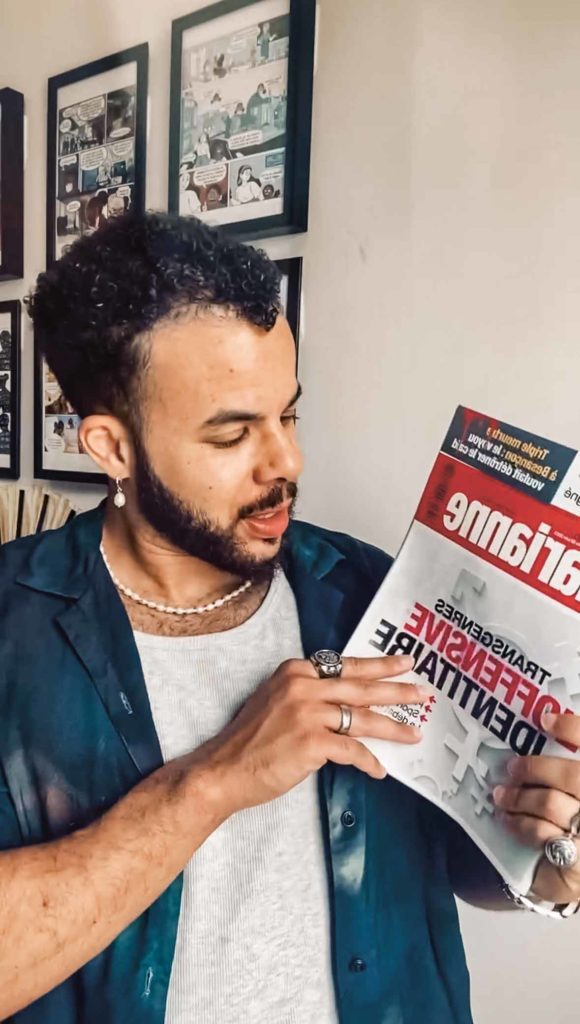 Le psychologue Morgan Noam décrypte régulièrement les offensives antitrans dans les médias conservateurs. Ici, dans une vidéo postée sur Instagram en juin 2023 sur le dossier de l’hebdomadaire Marianne « Transgenres, l’offensive identitaire ». Morgan Noam